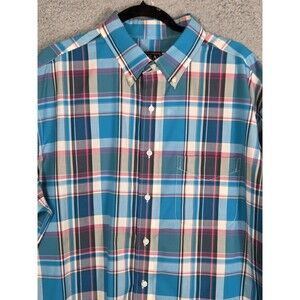 Jos A Bank Traveler Camp Shirt Mens XL Blue Plaid Button Down SS Coastal Skater